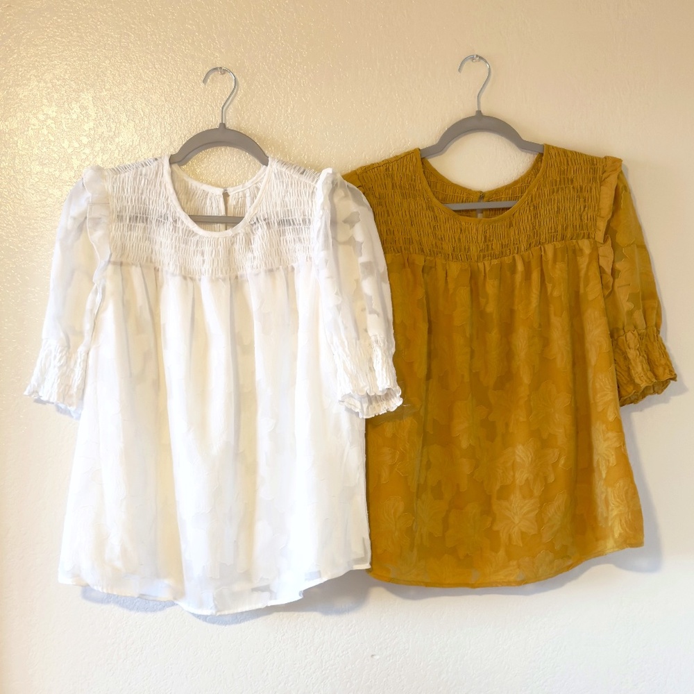 Bundle of 2 Dokotoo Blouses Women's Half Sleeve Lace Textured Flowy White Yellow